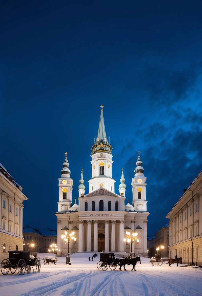 A snowy evening in Vienna, with the iconic St. Stephen's Cathedral illuminated against the darkening sky, and horse-drawn carriages passing by