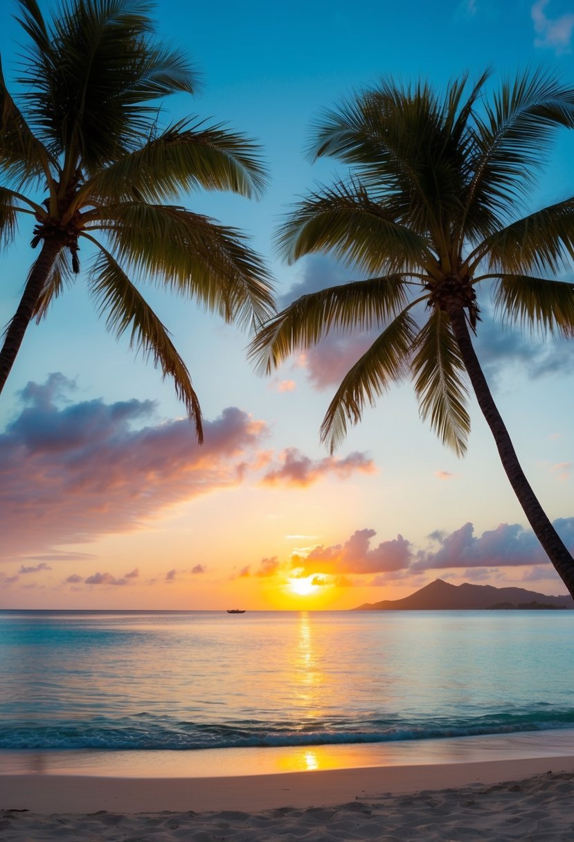 A serene beach on Kokomo Island, Fiji, with crystal clear waters, palm trees, and a vibrant sunset casting a warm glow over the landscape