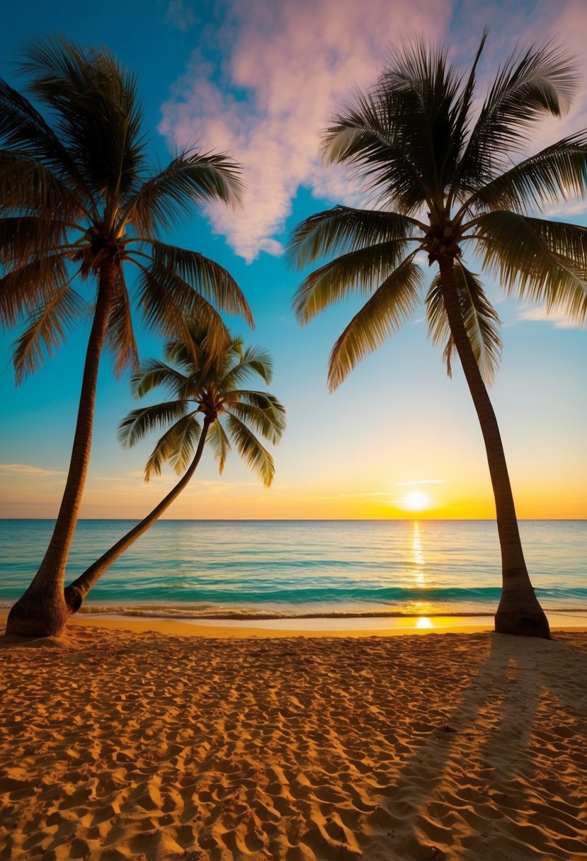 A serene beach at sunset, palm trees casting long shadows on the golden sand. Turquoise waters gently lapping at the shore, with a colorful sky overhead