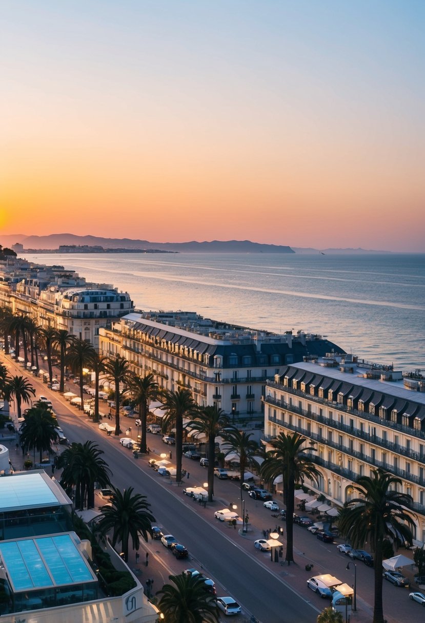 A sunset view of the iconic La Croisette promenade in Cannes, with palm trees, luxury hotels, and the sparkling Mediterranean Sea