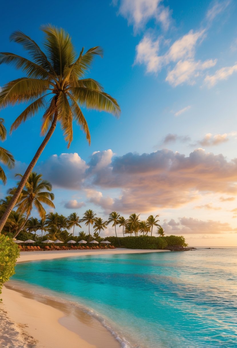 A picturesque beach at Outrigger Fiji Resort, with palm trees, crystal-clear waters, and a romantic sunset