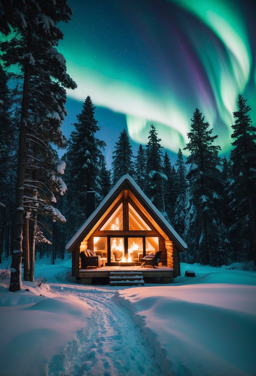 A cozy cabin nestled in a snowy forest, with a warm fire burning inside and the northern lights dancing in the sky above