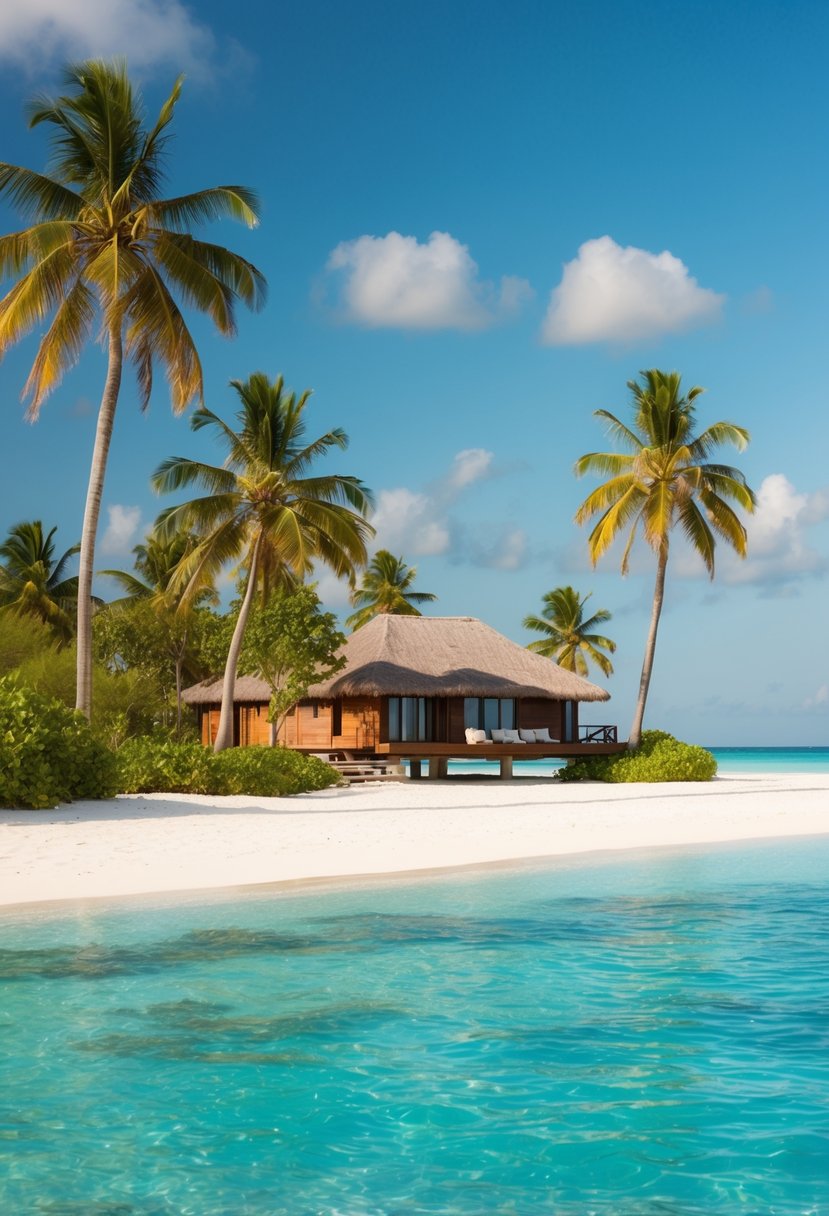 A serene beach at Vomo Island Resort with crystal clear waters, palm trees, and a luxurious overwater bungalow