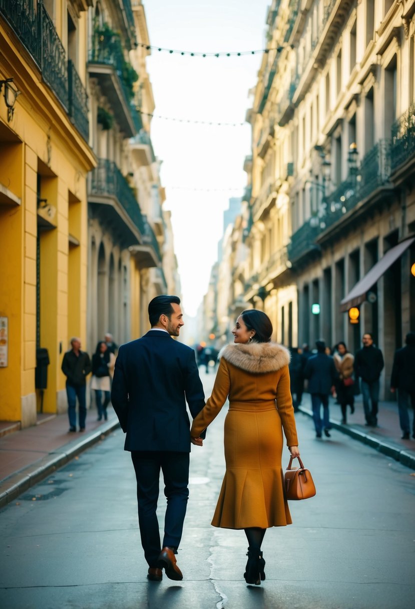 A couple strolling through the colorful streets of Buenos Aires, with tango music filling the air and the warm December sun shining down on the vibrant city