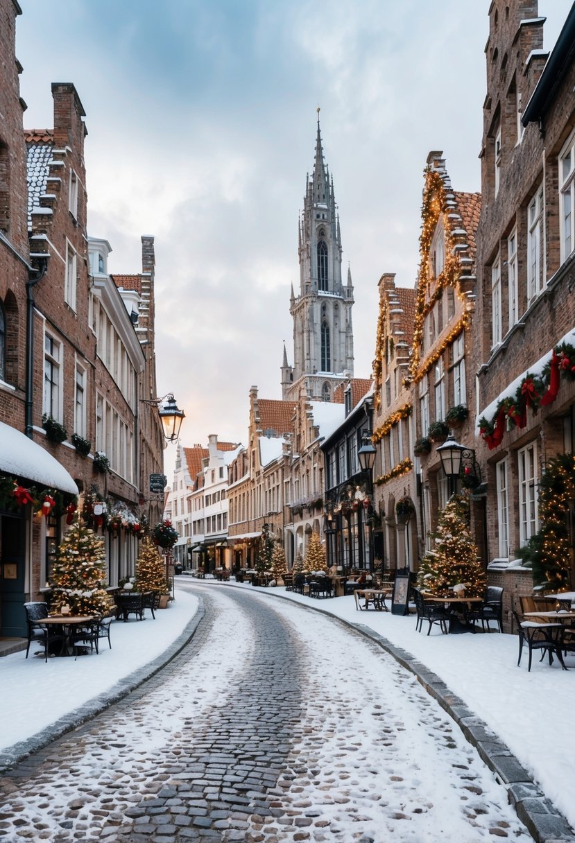 Snow-covered cobblestone streets wind past charming medieval buildings in Bruges, Belgium. Festive holiday decorations adorn the quaint shops and cafes, creating a cozy and romantic atmosphere for a December honeymoon