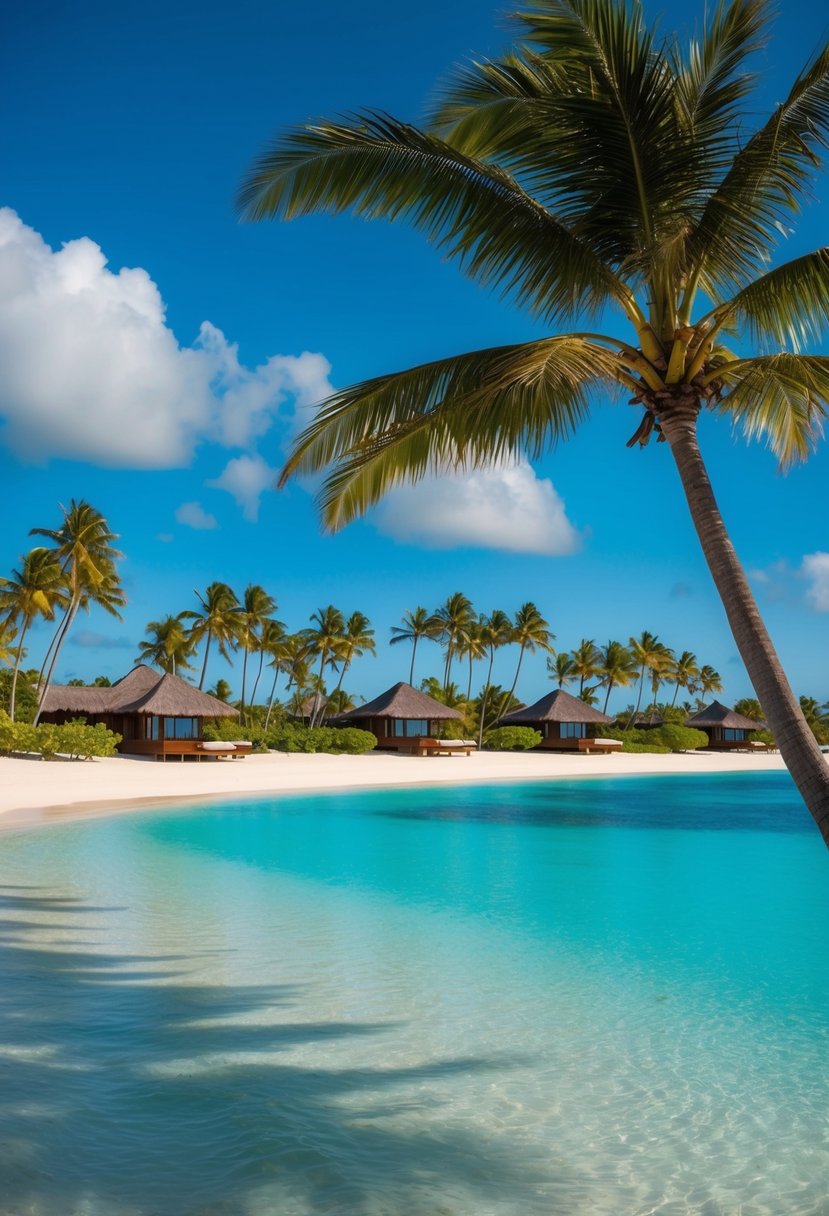 A serene beach at InterContinental Fiji Golf Resort & Spa with palm trees, clear blue water, and a luxurious overwater bungalow