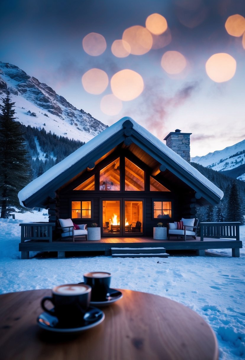 A cozy cabin nestled in a snowy mountain landscape, with a warm fire burning inside and a couple of hot drinks on the table