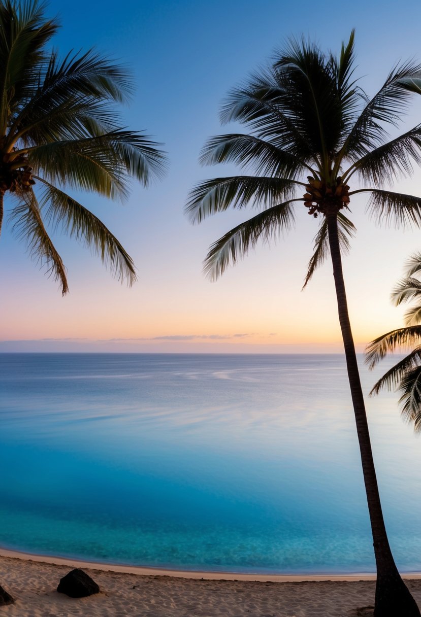 A tranquil beach with palm trees and clear blue water, overlooking the sunset over the Pacific Ocean in Maui, Hawaii