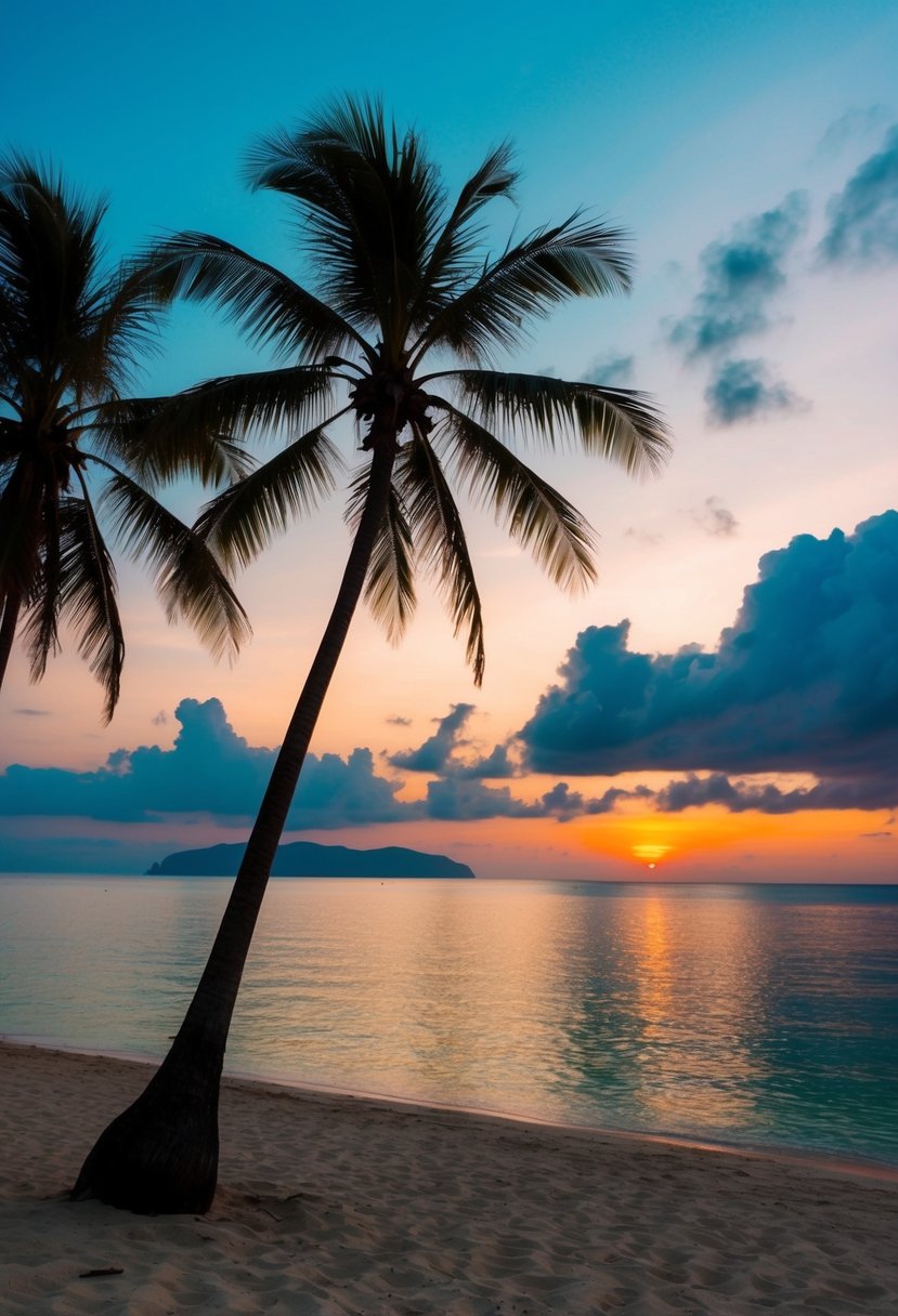 A serene beach at sunset, with palm trees and a calm ocean, set against a colorful sky in Phuket, Thailand for a November honeymoon