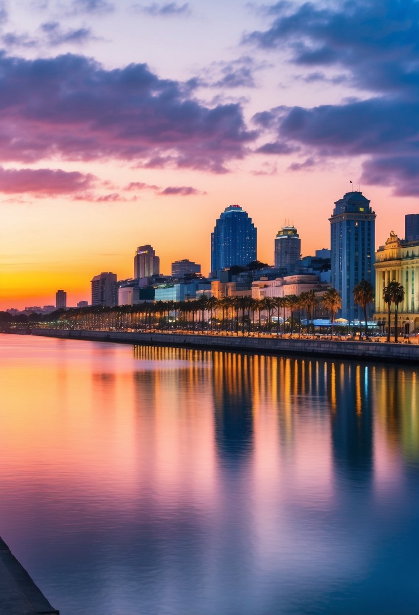 A romantic sunset over the Buenos Aires skyline, with colorful buildings and palm trees lining the waterfront