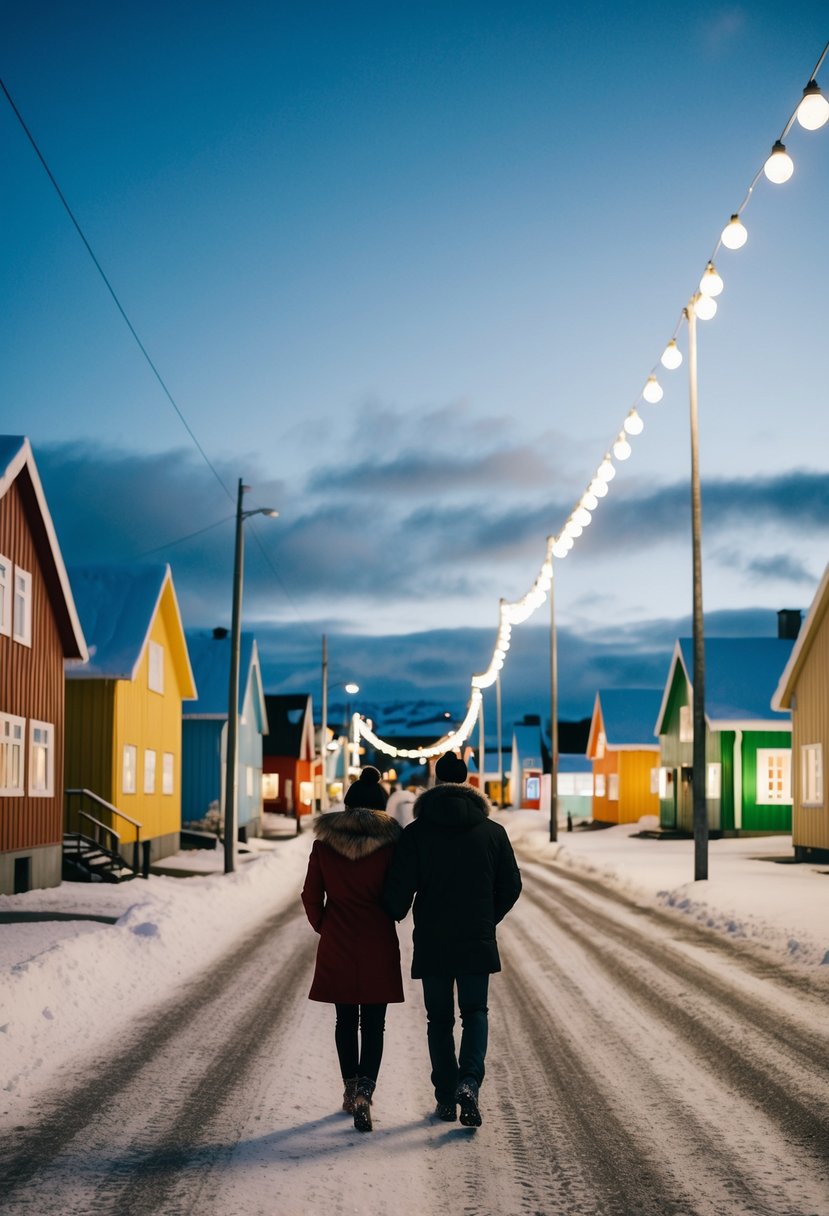 A couple walking along a snowy street in Reykjavik, passing colorful houses and twinkling holiday lights under the November sky