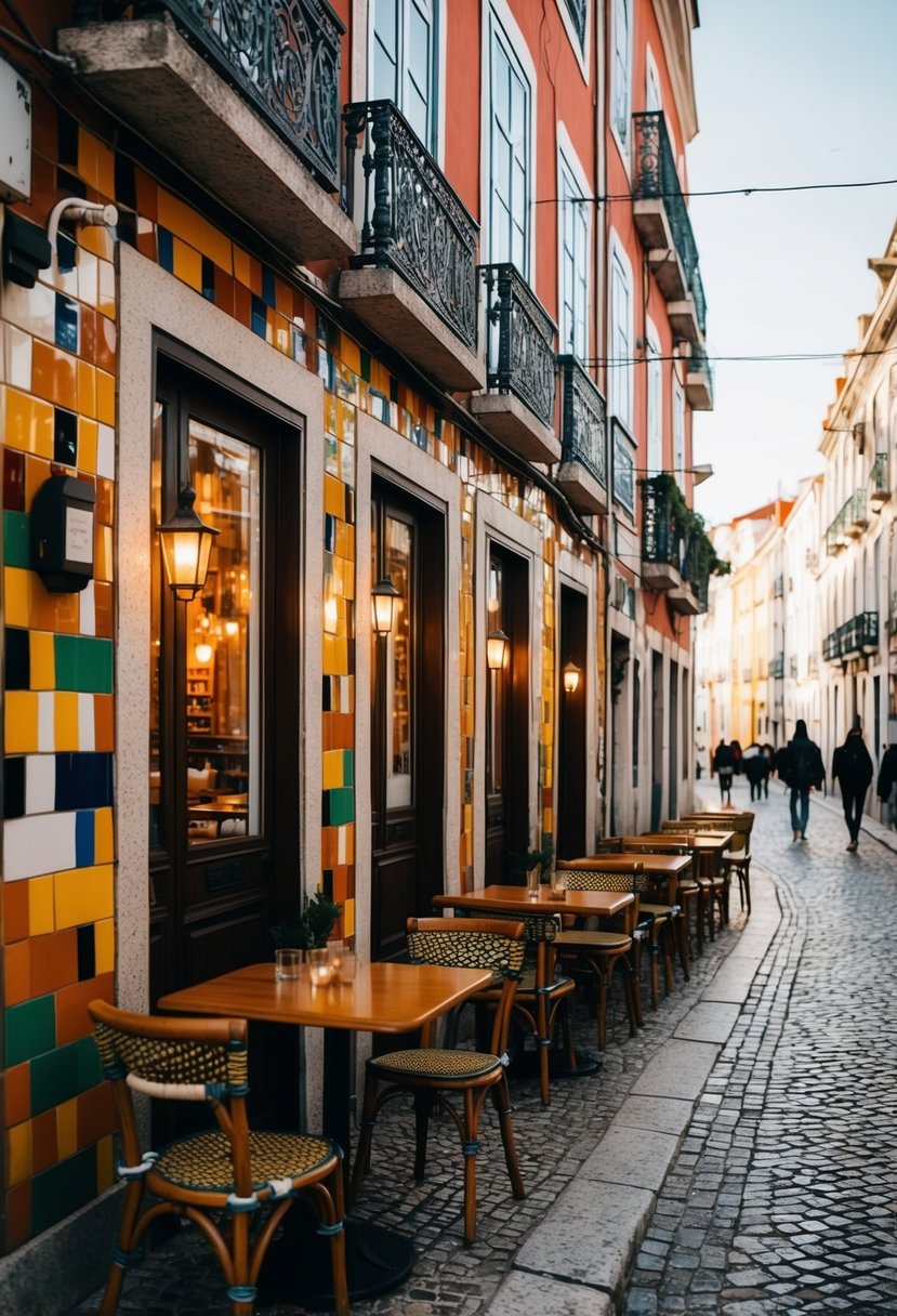 A cozy cafe in Lisbon, with colorful tiled walls, outdoor seating, and views of the cobblestone streets. A warm, romantic ambiance for a November honeymoon