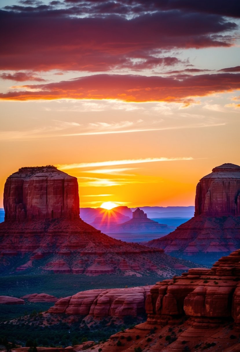 A sunset over the red rock formations of Sedona, Arizona, casting a warm glow over the desert landscape