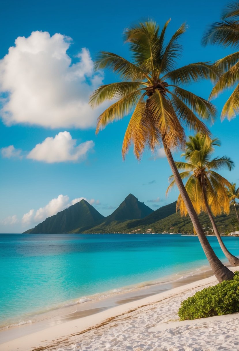 A serene beach with palm trees, turquoise waters, and a clear blue sky in St. Lucia, perfect for a November honeymoon