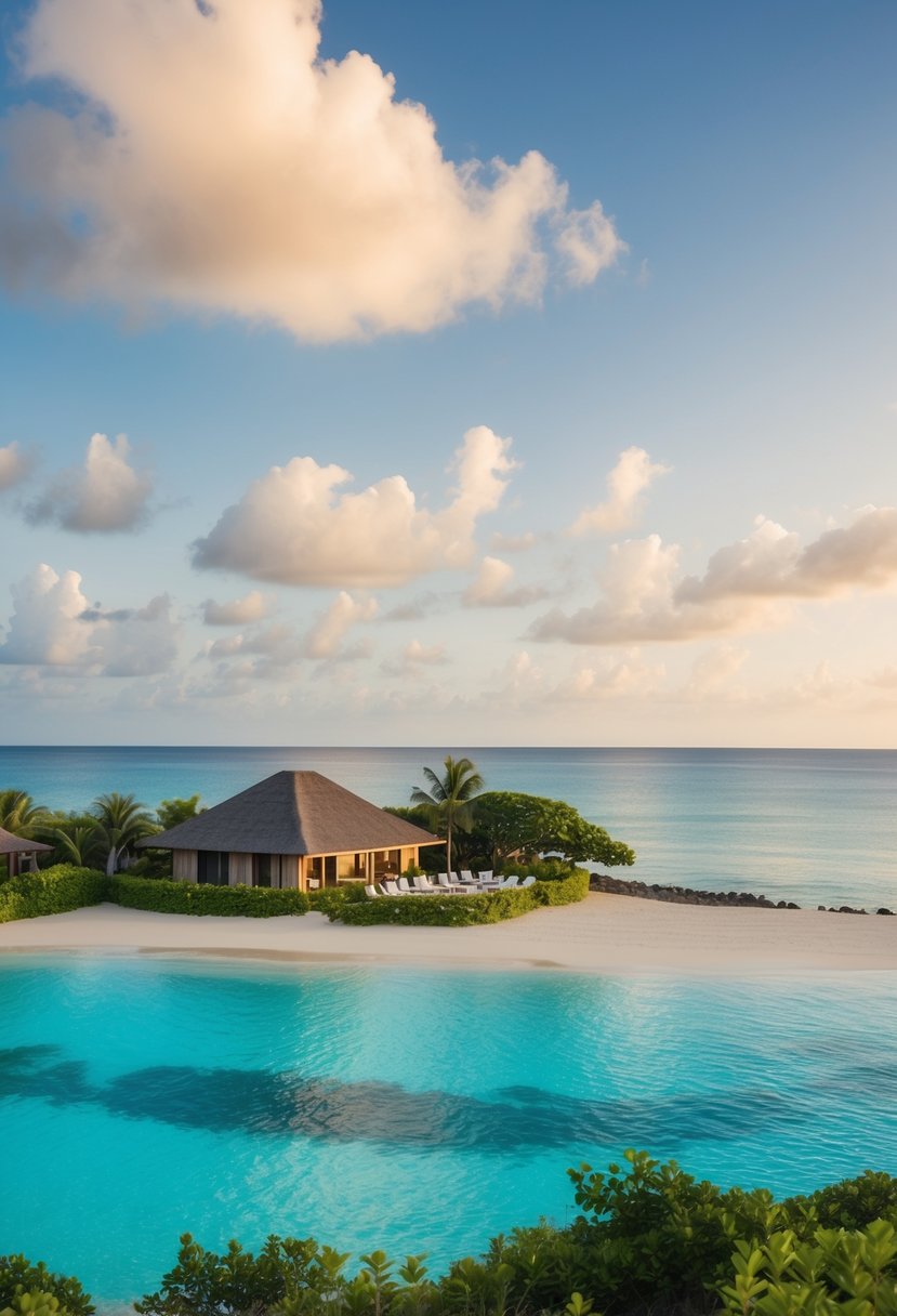 A serene beach with a secluded villa, halal dining, and prayer facilities, surrounded by lush greenery and a crystal-clear ocean