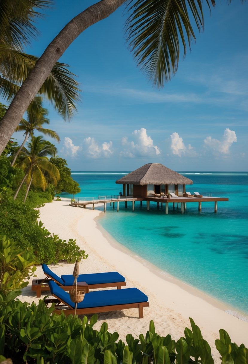 A secluded beach at Pangkor Laut Resort, with a luxurious overwater villa and a private infinity pool, surrounded by lush tropical greenery and crystal-clear waters