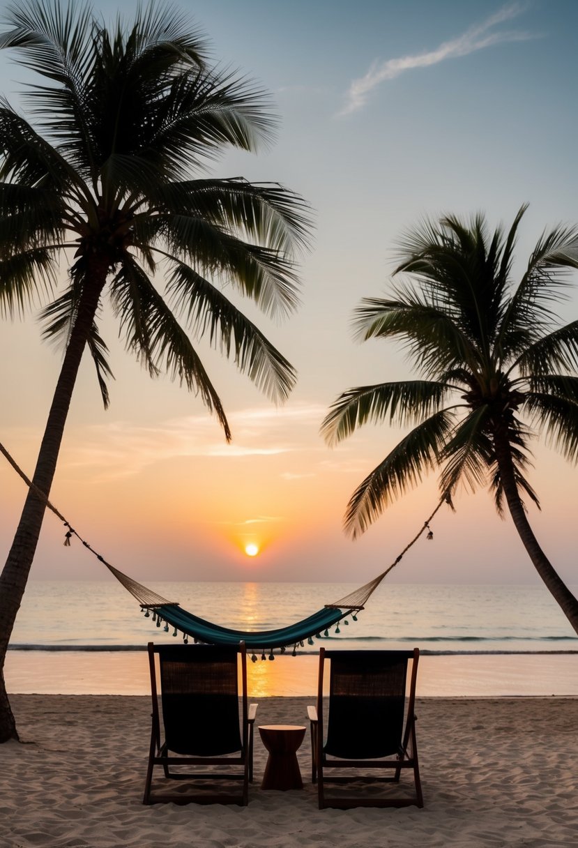 A serene beach at sunset, palm trees swaying in the breeze, with a couple of beach chairs and a hammock set up for a romantic evening in Ghana