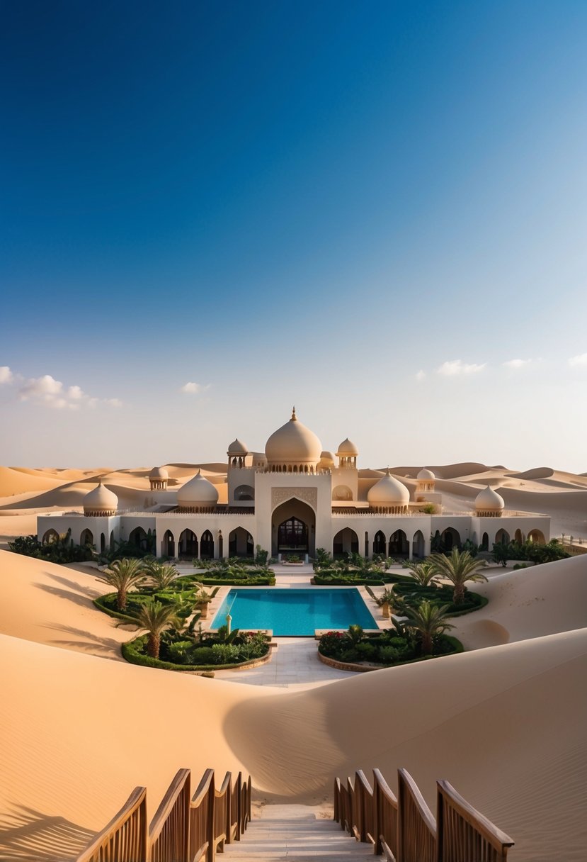 A luxurious desert resort with traditional Arabian architecture and lush oasis gardens, surrounded by endless sand dunes under a clear blue sky