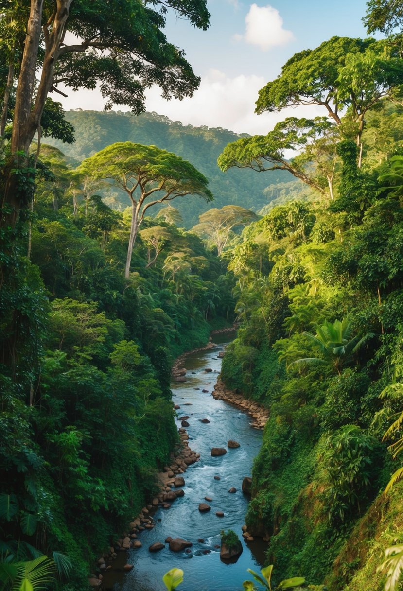 Lush rainforest with towering trees, a winding river, and diverse wildlife in Kakum National Park, Ghana