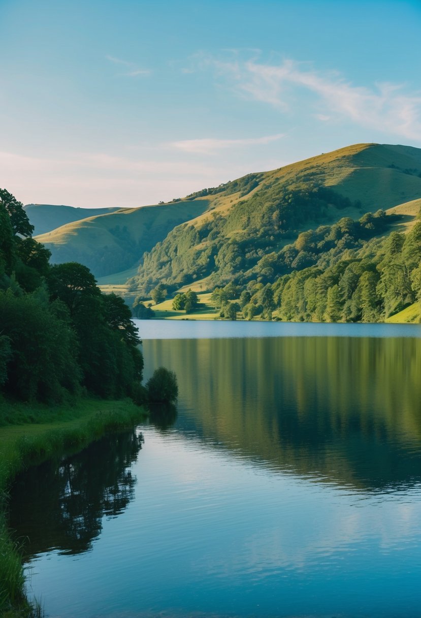 A serene lake surrounded by lush greenery and hilly terrain, with a clear blue sky overhead