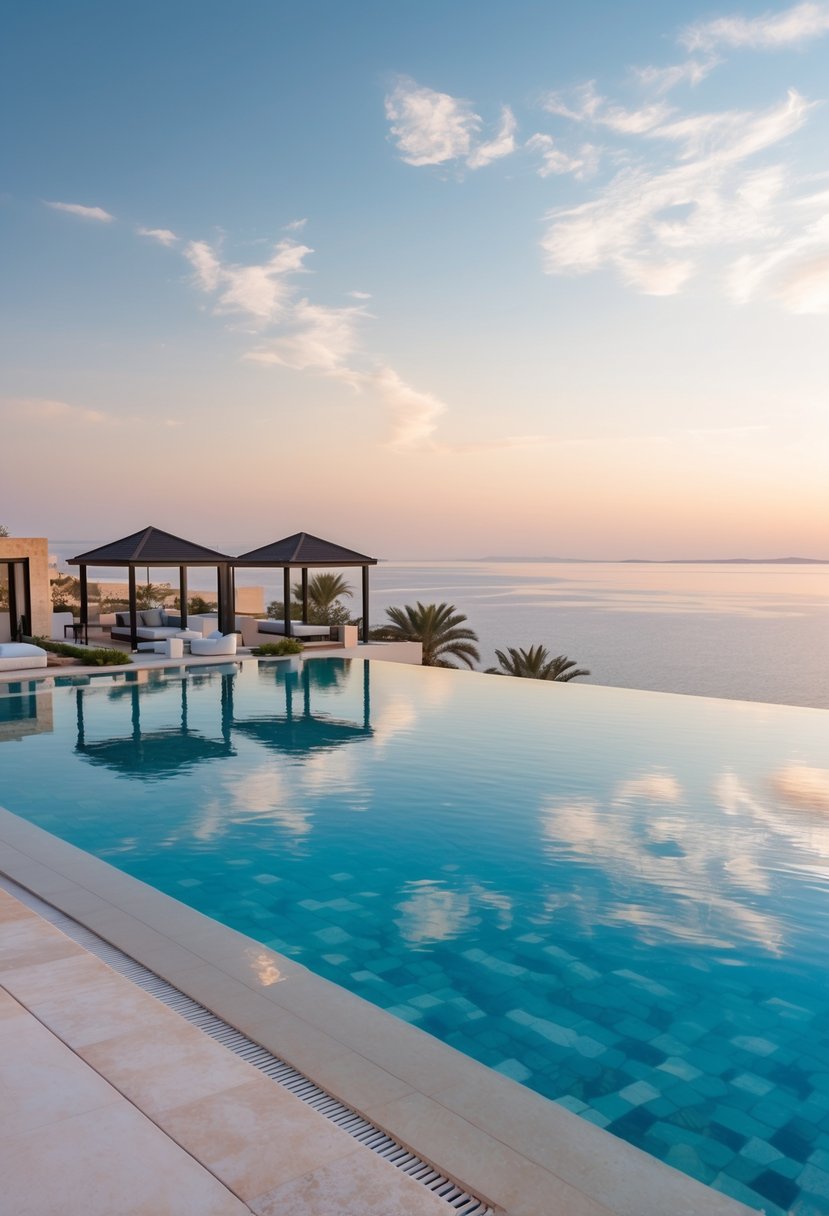 A luxurious resort on the Dead Sea with stunning views, infinity pools, and private villas, perfect for a Muslim honeymoon