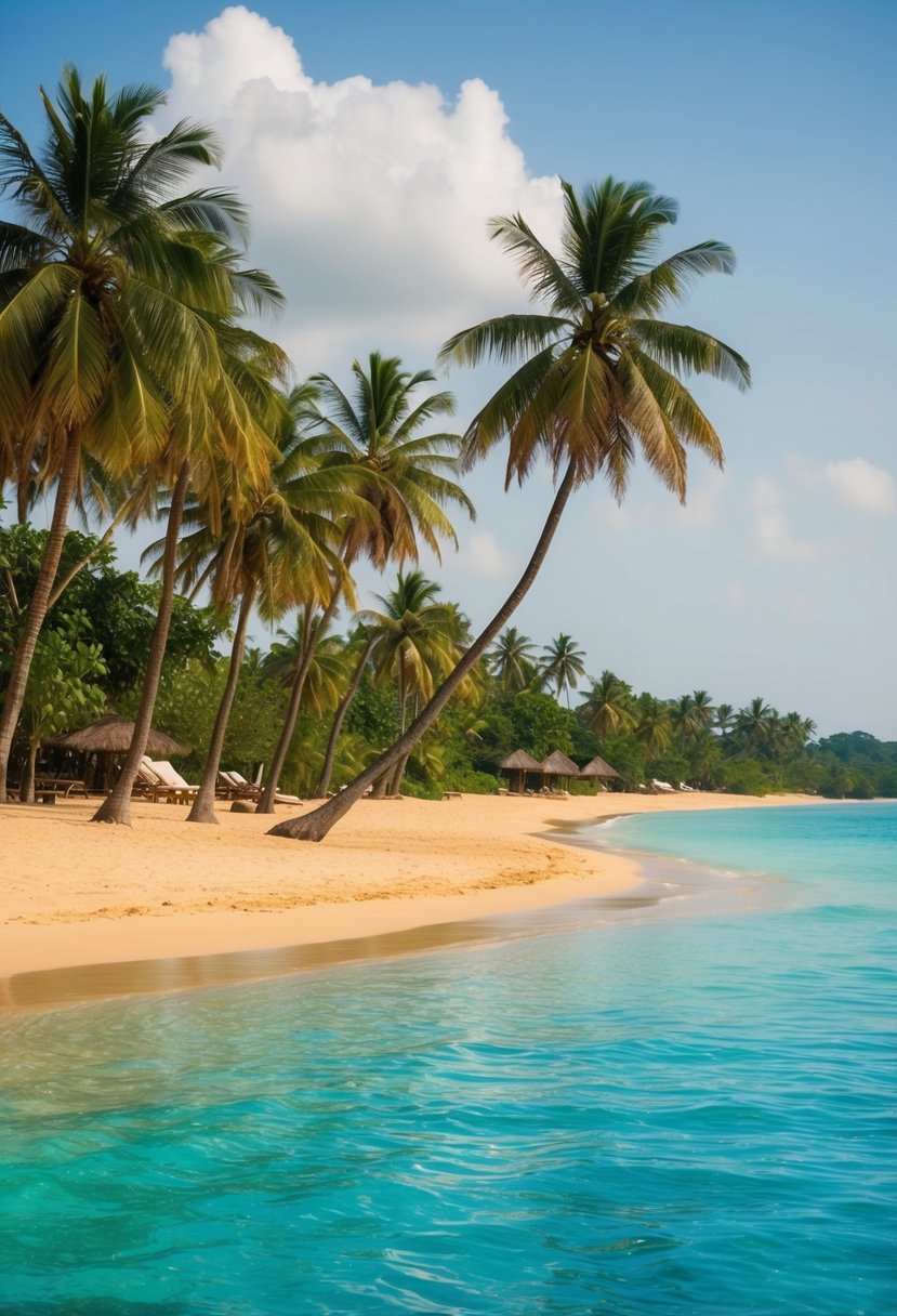 A serene beach at Ada Foah, Ghana. Palm trees line the shore, with crystal-clear blue waters and golden sand. A perfect honeymoon destination