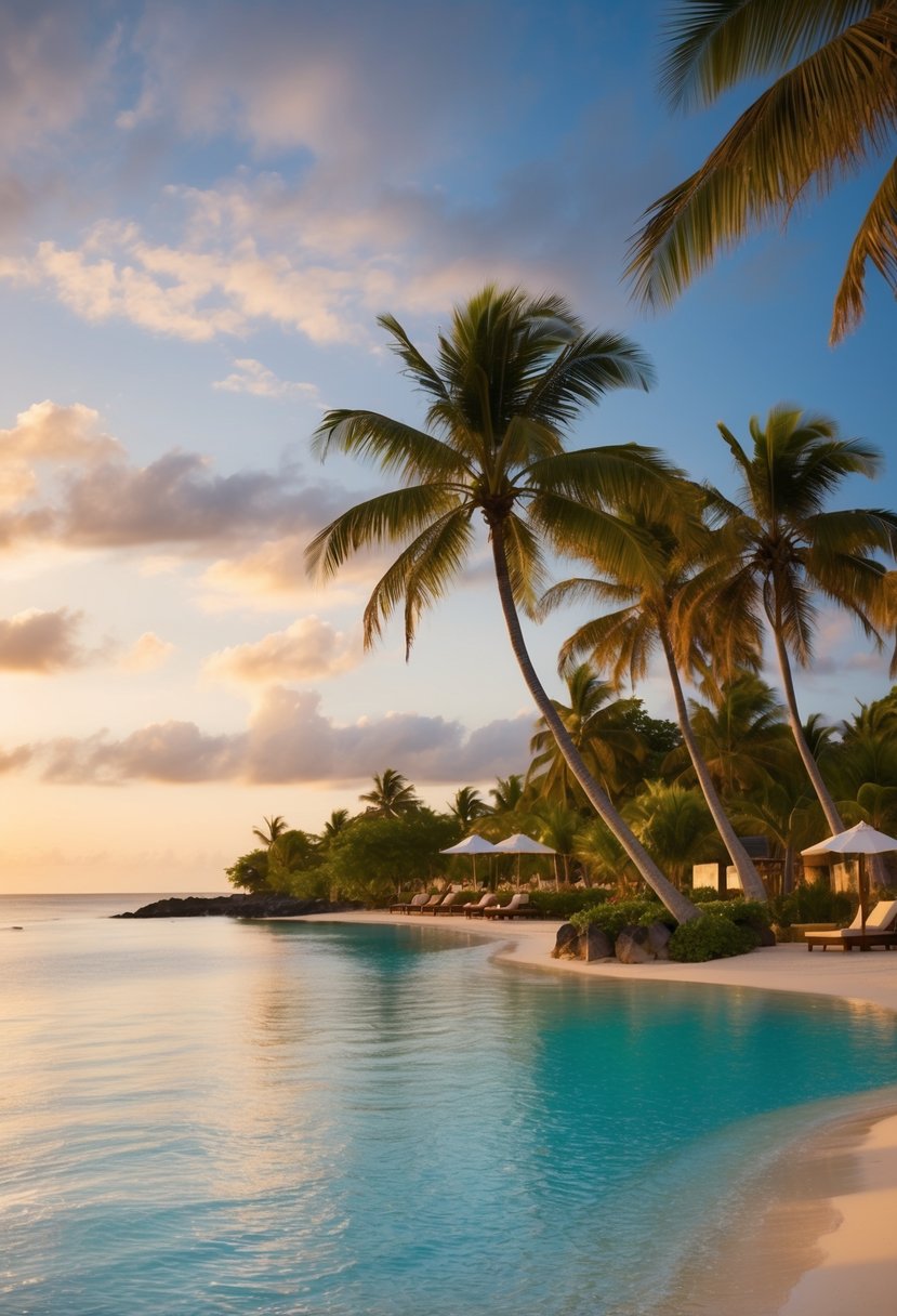 A luxurious beachfront resort in Mauritius with lush palm trees, crystal-clear waters, and a stunning sunset