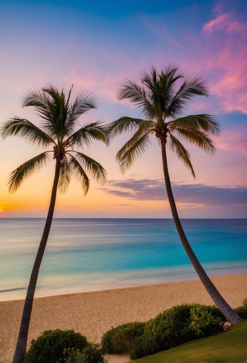 A serene beach with palm trees, golden sand, and clear blue waters, framed by a colorful sunset on the horizon