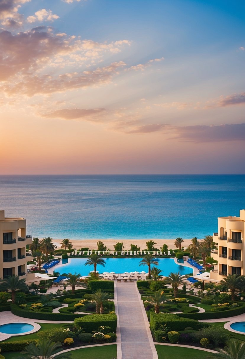 A luxurious beachfront resort in Sharm El Sheikh, Egypt, with stunning views of the Red Sea and lush, landscaped gardens