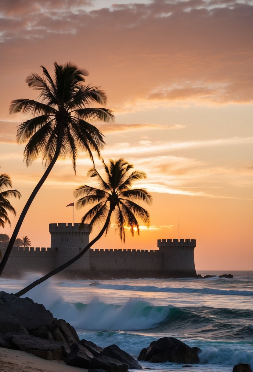 The sun sets over Cape Coast Castle, with palm trees swaying in the warm breeze and waves crashing against the rocky shore
