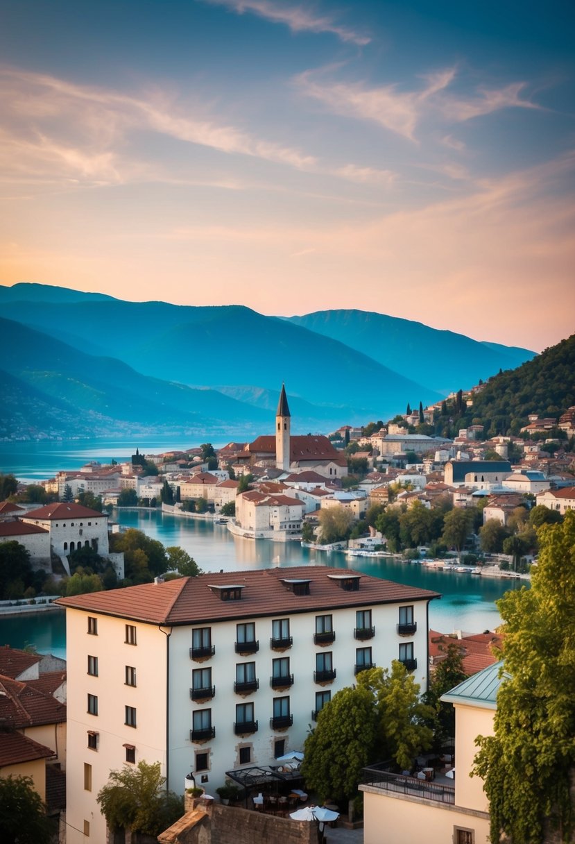 A luxurious hotel in Mostar, Bosnia, with a stunning view of the city and surrounding mountains, perfect for Muslim honeymooners