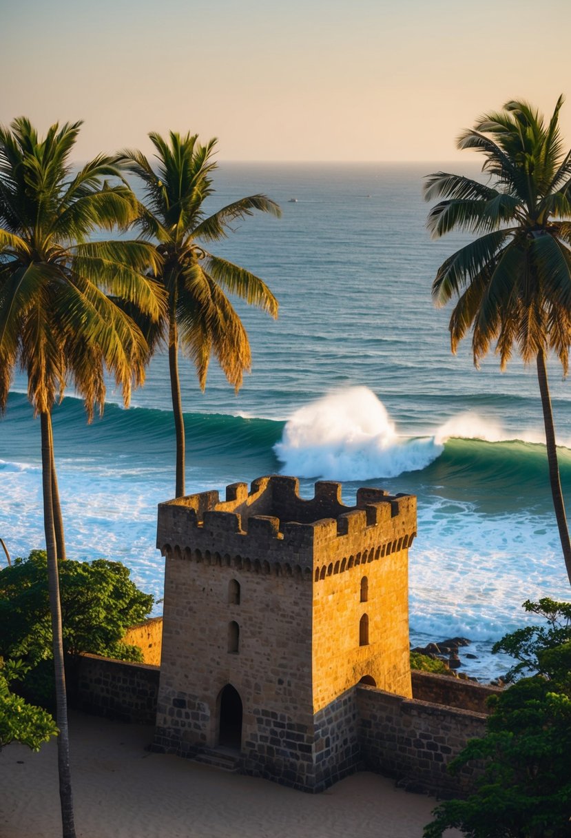 The Elmina Castle sits on the coast of Ghana, surrounded by palm trees and overlooking the ocean. Waves crash against the stone walls, while the warm sun casts a golden glow over the historic landmark
