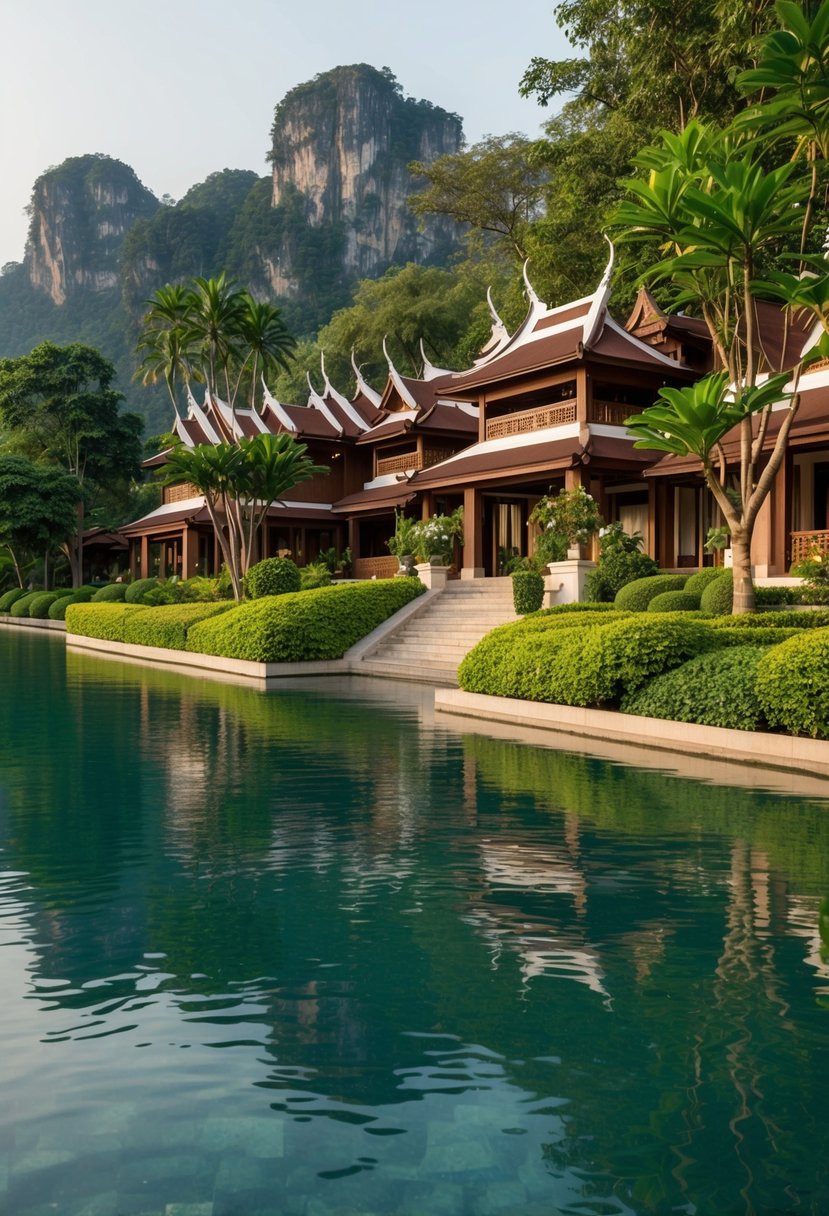 A serene, luxurious resort in Chiang Mai, Thailand, featuring lush gardens, traditional Thai architecture, and a tranquil riverside setting