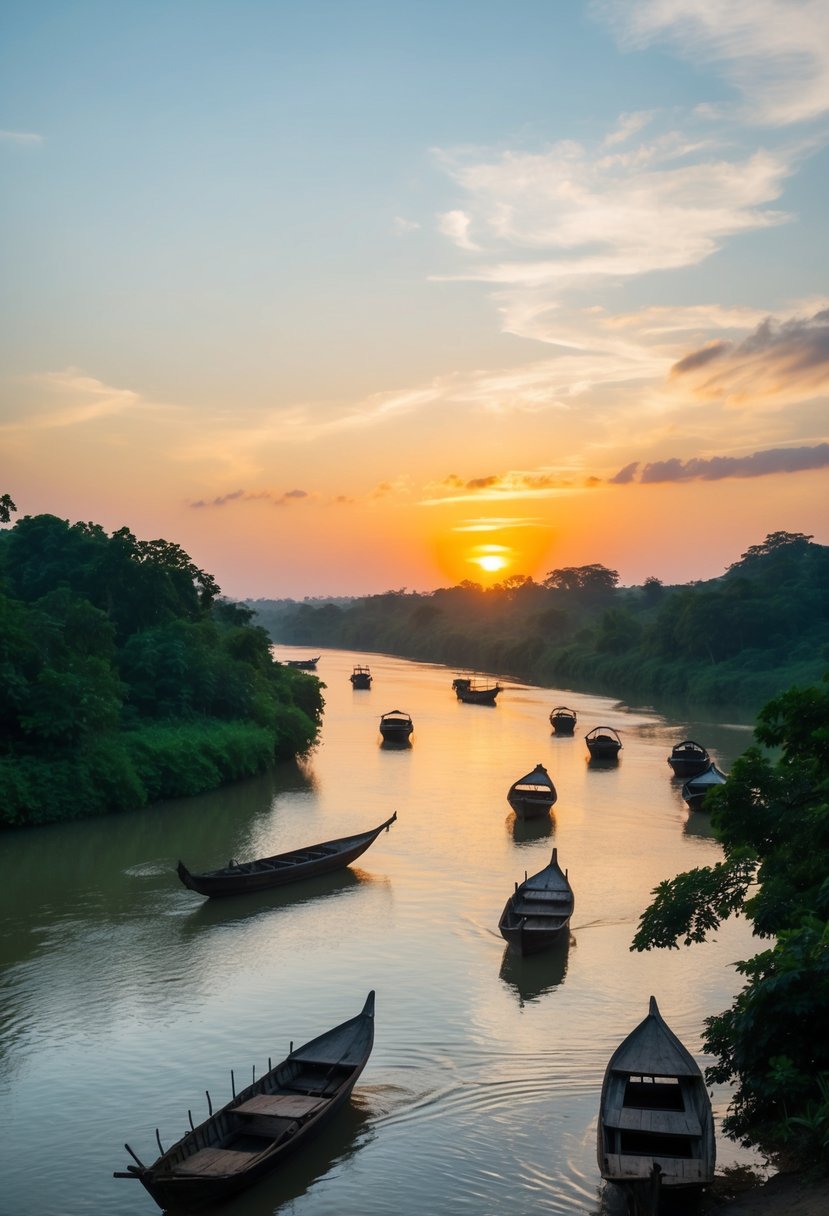 A serene sunset over the Volta River, with lush greenery and traditional wooden boats dotting the calm waters