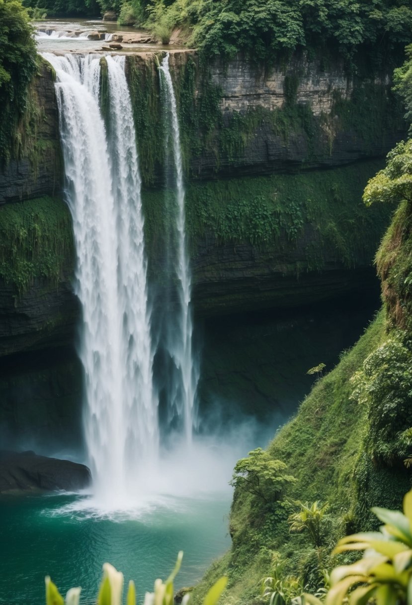 A serene waterfall cascading down lush green cliffs in Ghana