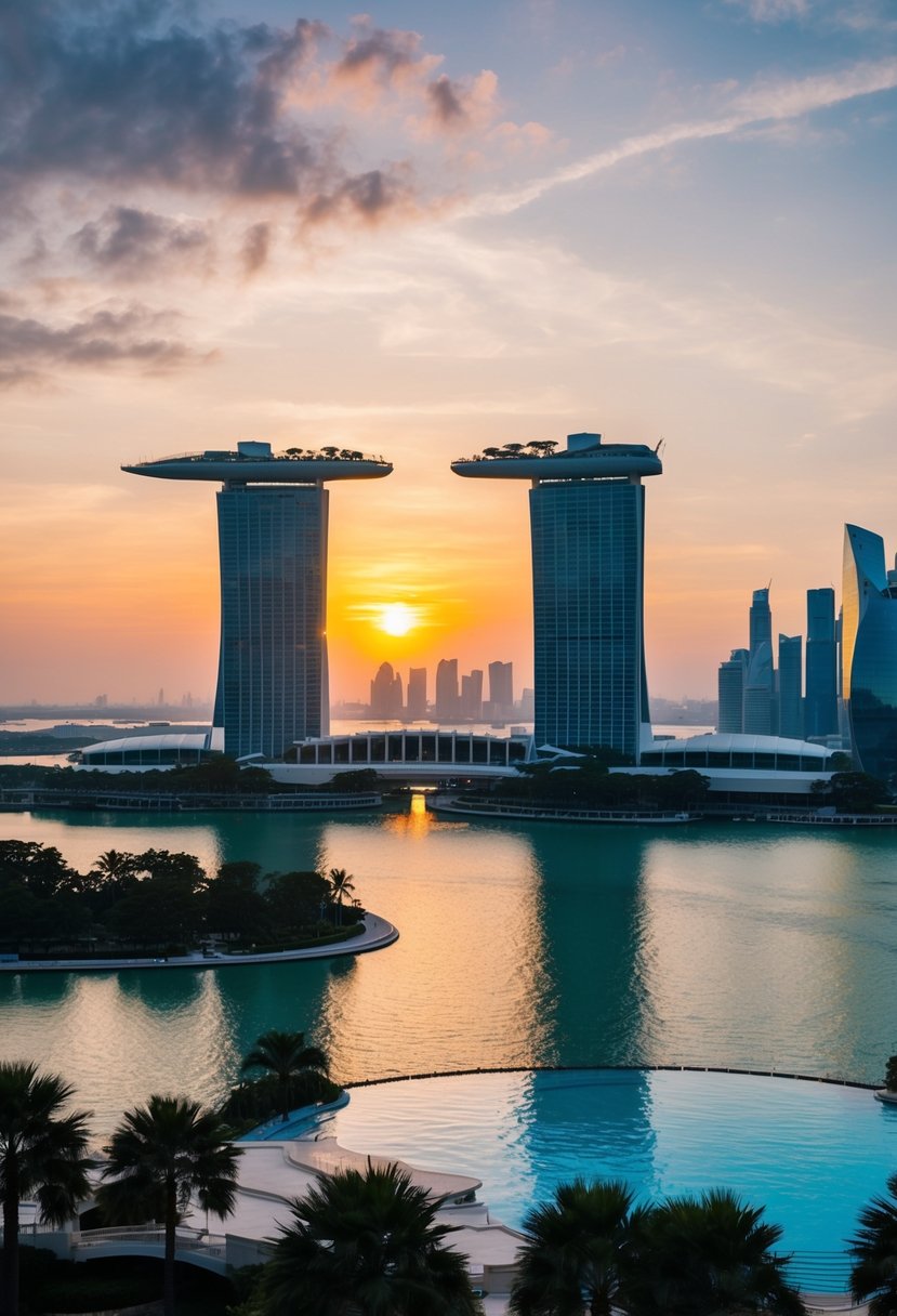 A beautiful sunset over the iconic Marina Bay Sands hotel, with a view of the infinity pool and the city skyline in the background
