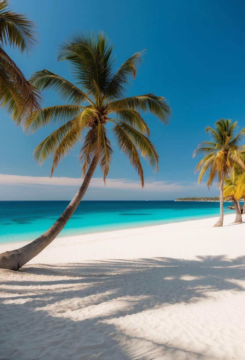 A serene beach at Axim Resort, with palm trees, white sand, and clear blue waters, perfect for a romantic honeymoon getaway