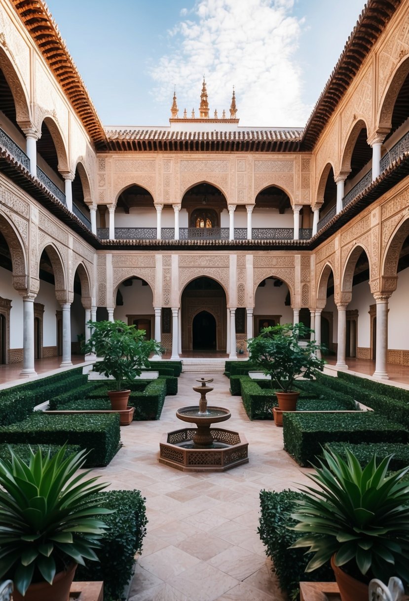 A grand courtyard with Moorish architecture and lush gardens at Hotel Alfonso XIII in Seville, Spain