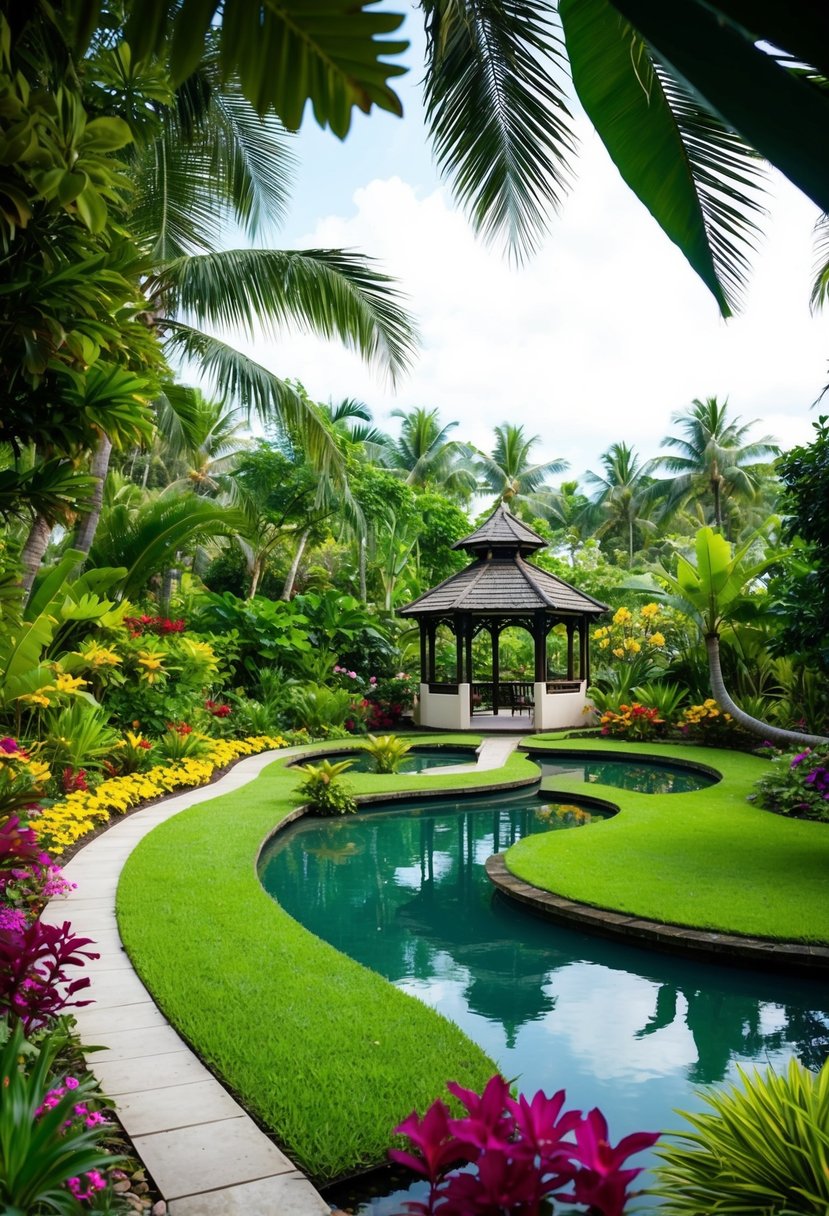 Lush tropical gardens with winding paths, colorful flowers, and tranquil ponds. A gazebo overlooks the serene landscape, perfect for a romantic honeymoon retreat