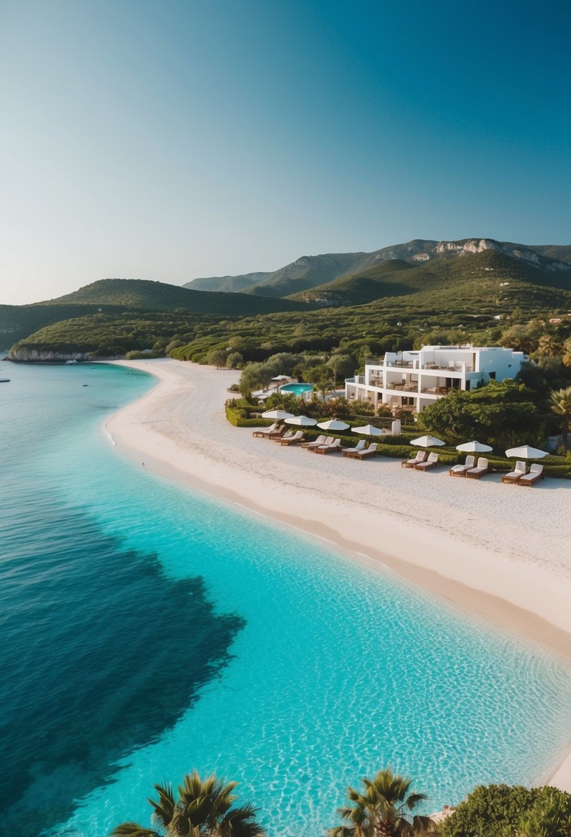 A luxurious beach resort in Greece, with crystal-clear waters, white sandy beaches, and lush greenery, providing the perfect setting for a romantic honeymoon for Muslim couples