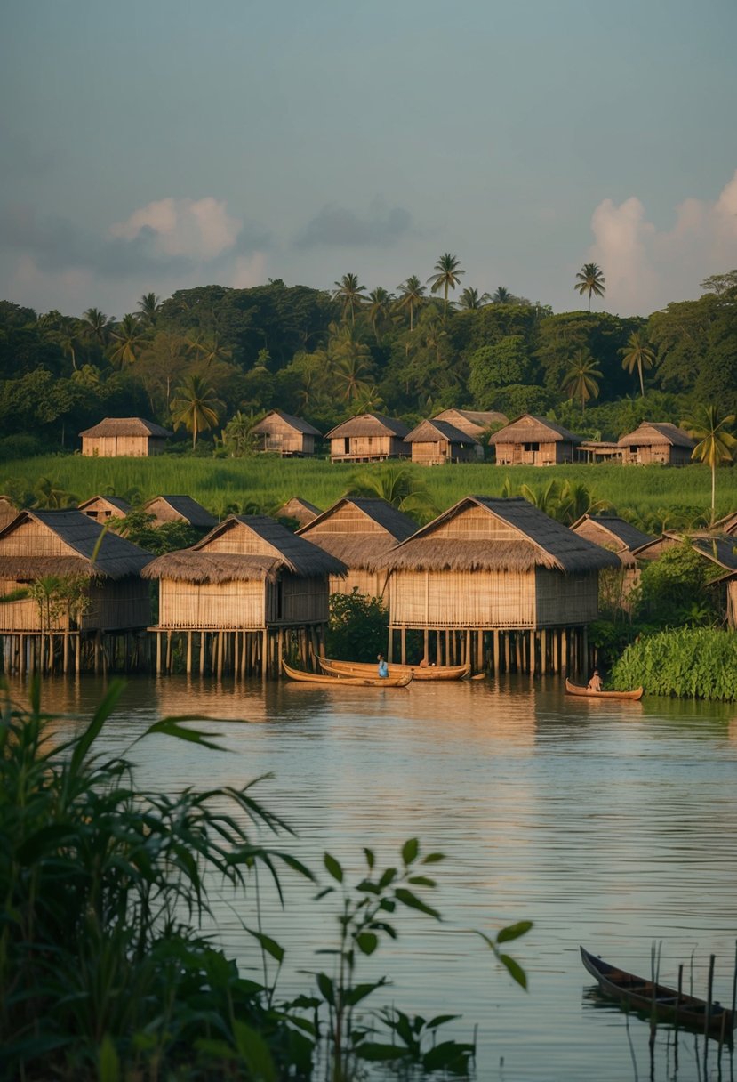 A serene village on stilts, nestled amidst lush greenery and calm waters, with traditional huts and canoes dotting the landscape