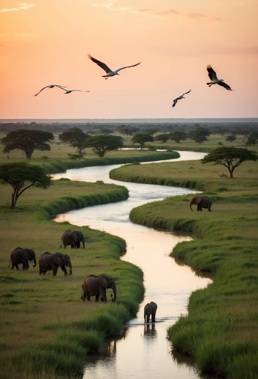 A serene river winding through lush savanna with elephants grazing and birds soaring in Mole National Park, Ghana