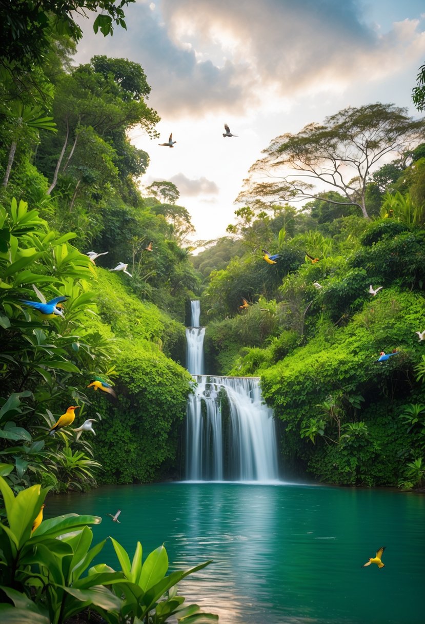 Lush greenery surrounds a tranquil waterfall in Ankasa Conservation Area, with colorful birds flitting among the trees