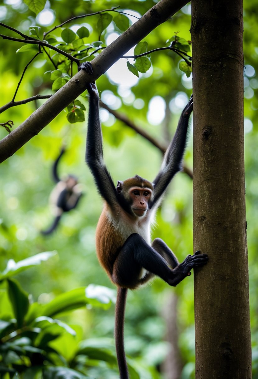 Lush forest with monkeys swinging through trees, nestled within the Boabeng-Fiema Monkey Sanctuary in Ghana