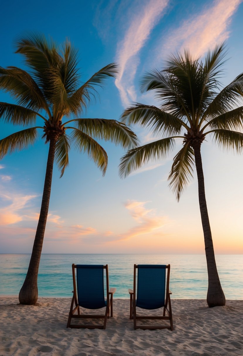 A serene beach at sunset, with palm trees, crystal-clear waters, and a couple of beach chairs facing the ocean