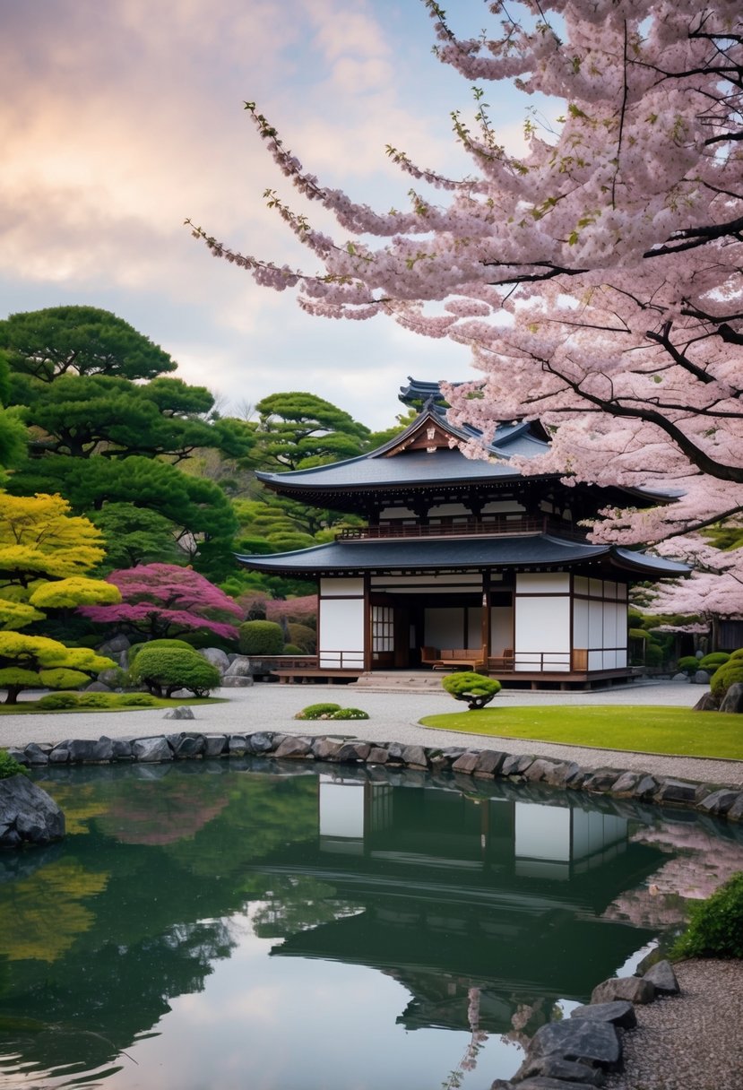 A serene garden with a traditional Japanese tea house overlooking a tranquil pond and vibrant cherry blossom trees in Kyoto, Japan