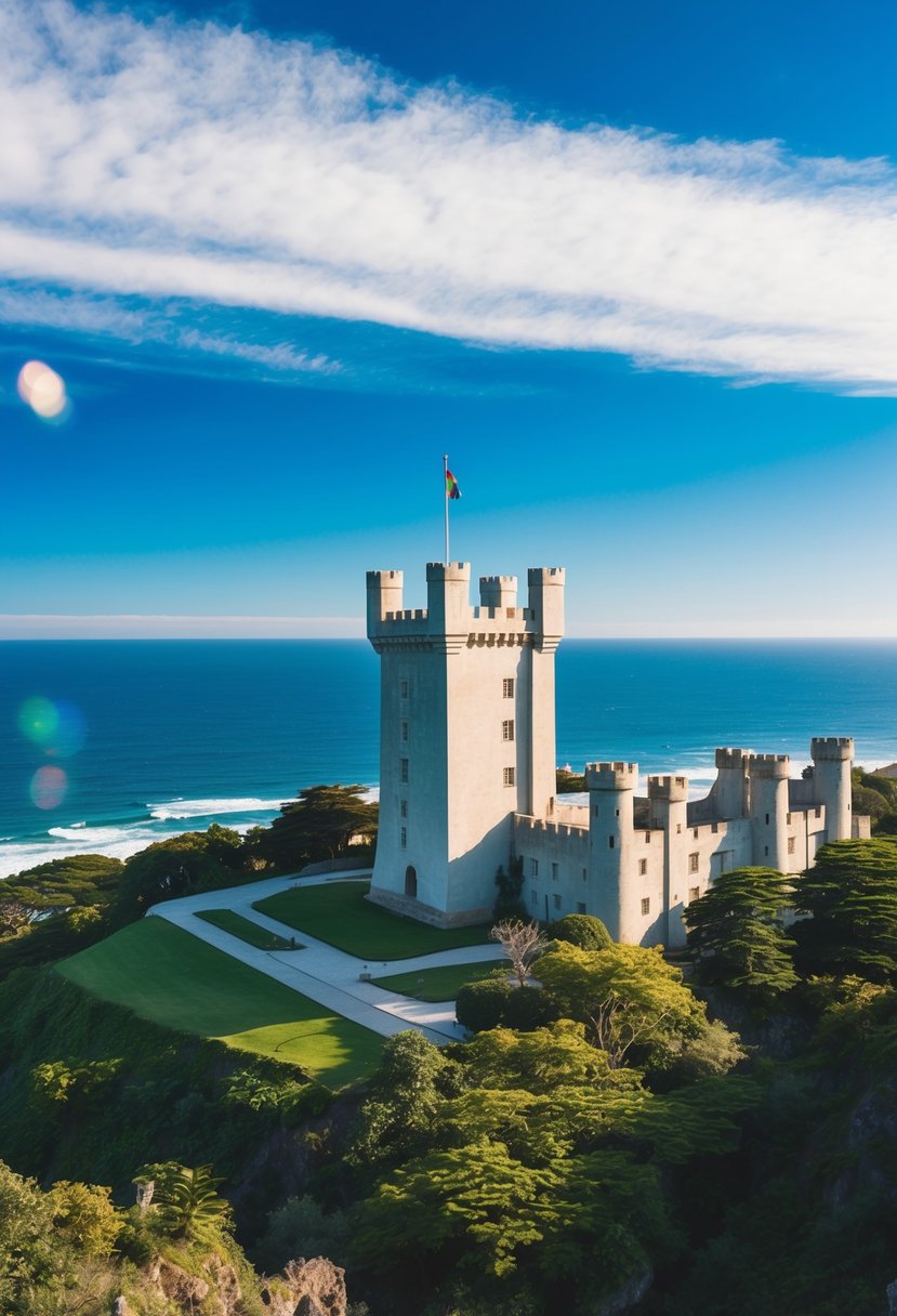 The Cape Coast Castle stands tall against the bright blue sky, surrounded by lush greenery and overlooking the sparkling ocean