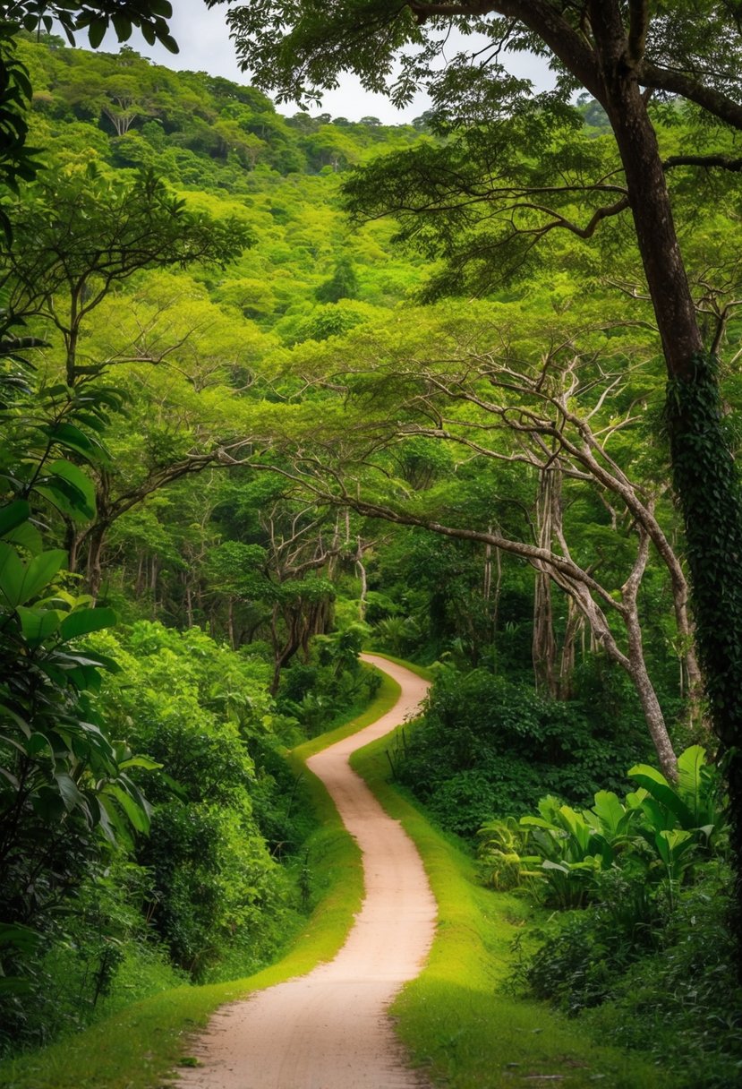 Lush green canopy of Kakum National Park, with winding trails and vibrant wildlife, perfect for a romantic honeymoon getaway in Ghana