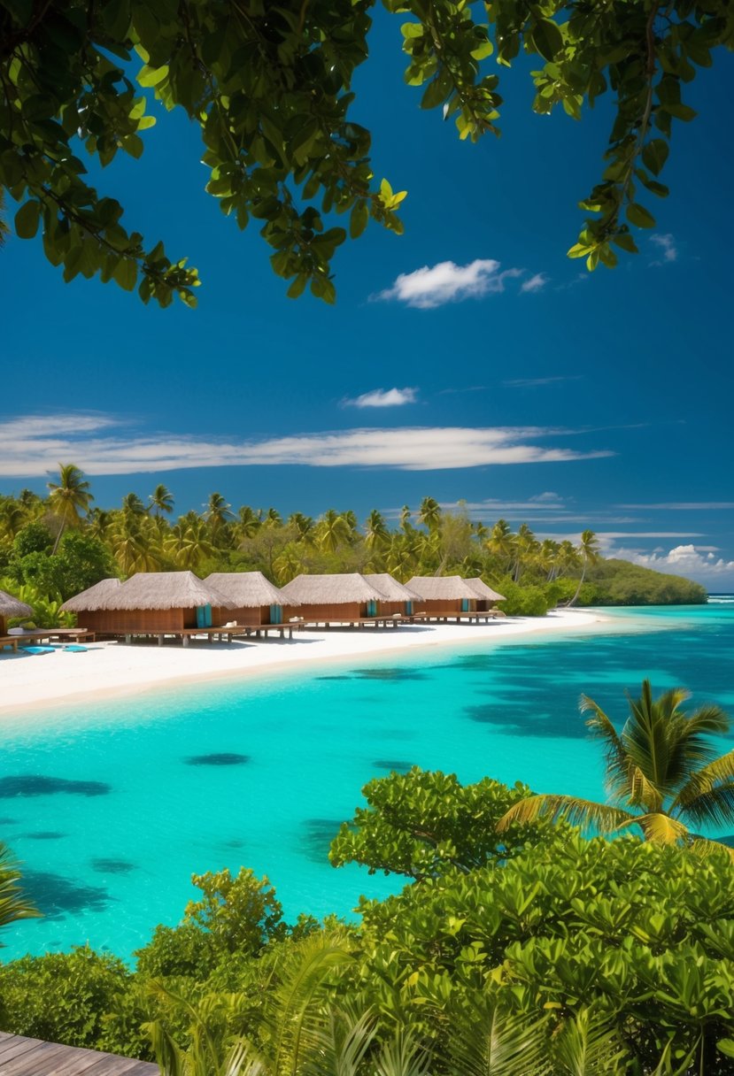 A serene beach with overwater bungalows and crystal-clear turquoise water surrounded by lush tropical greenery on the island of Bora Bora, French Polynesia