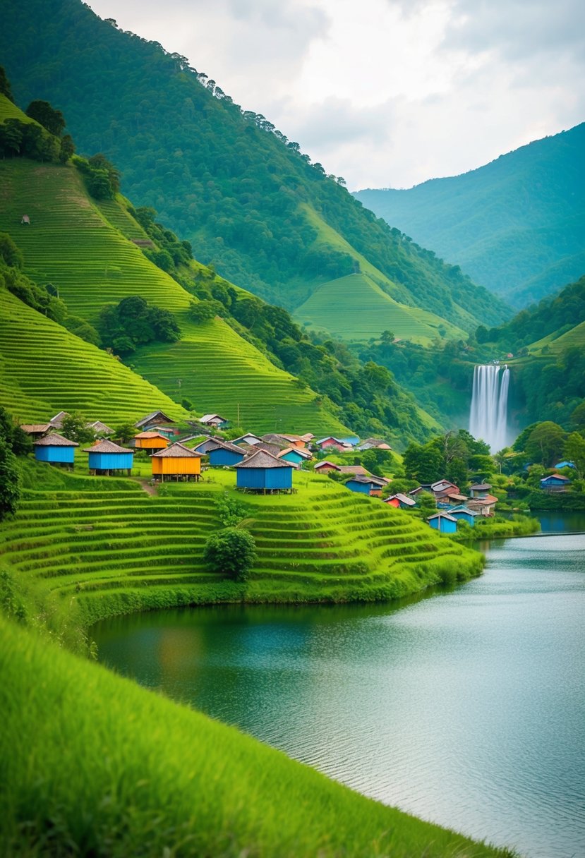 Lush green hills overlook a serene lake, with colorful traditional huts dotting the landscape. A waterfall cascades in the distance, creating a romantic atmosphere